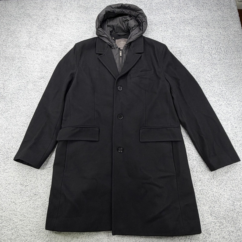 Cole Haan Car Coat Mens Large Black Wool Blend Hooded Pocket Zip Heavy Jacket